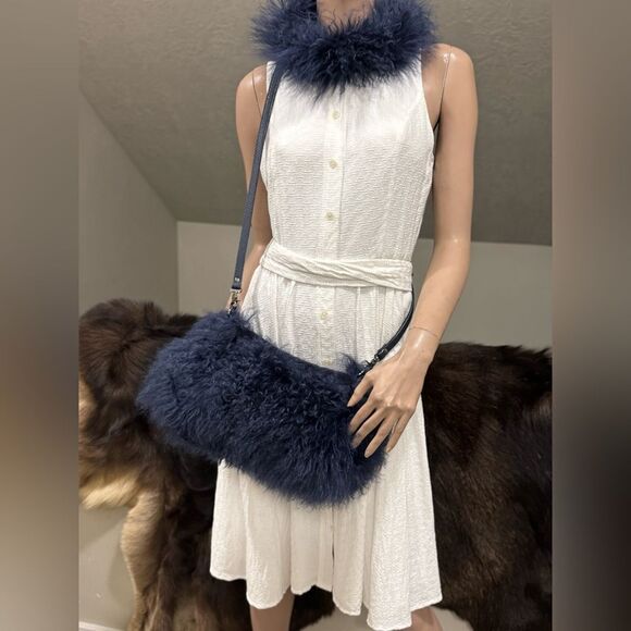 Navy Handmade Real Curly Shearling  Removable Strap Bag/Shoulder Bag/Crossbody - Picture 9 of 17